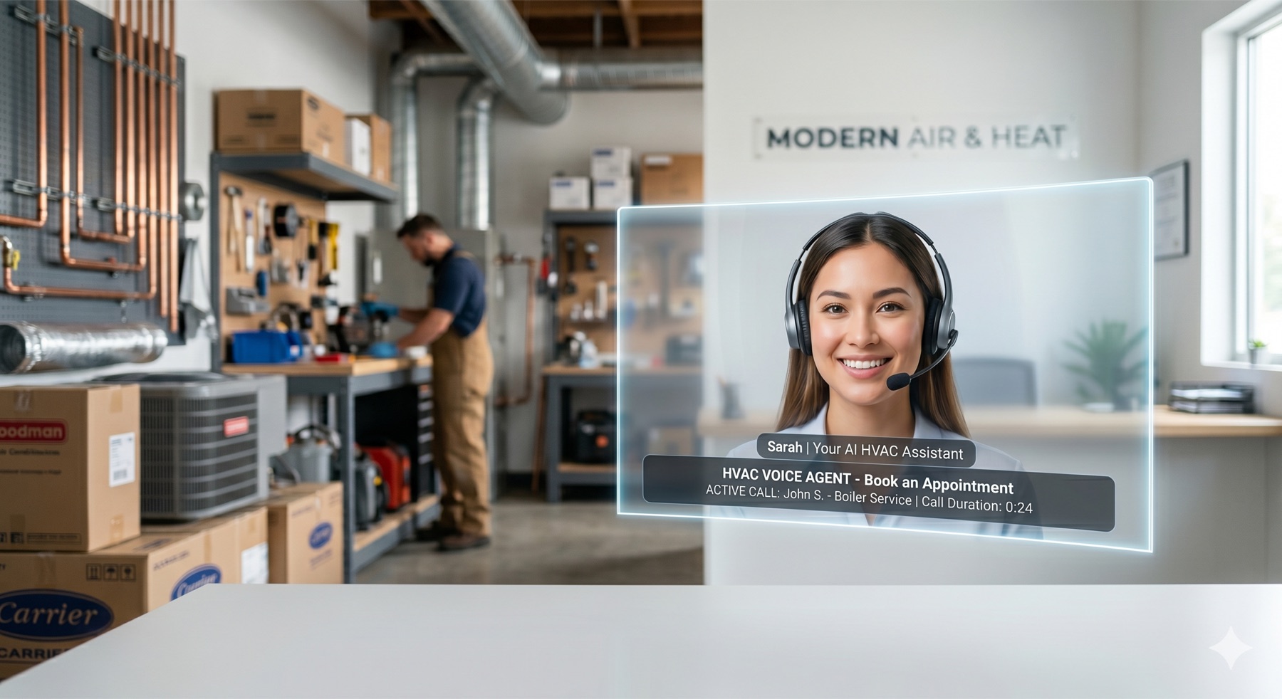 ClusterX AI receptionist answering calls inside an HVAC business